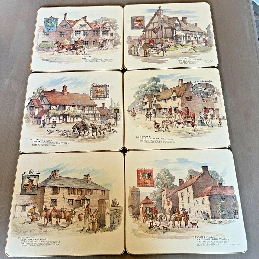 Vintage Cloverleaf Table Mats Set Olde Inns of England Cork Backed Placemats Set